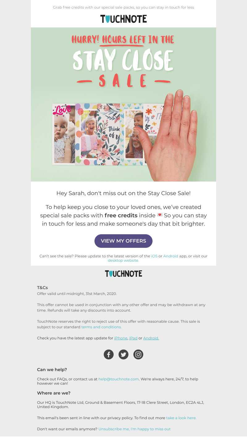 TouchNote - Hurry! There's just hours left in the Stay Close Sale, Sarah 🙌