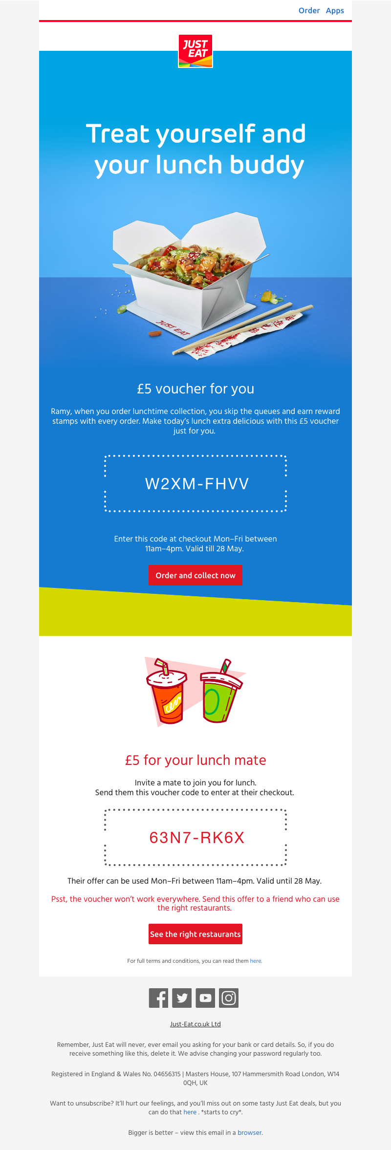 Just Eat - Get £5 off lunch and treat a friend to £5 off too