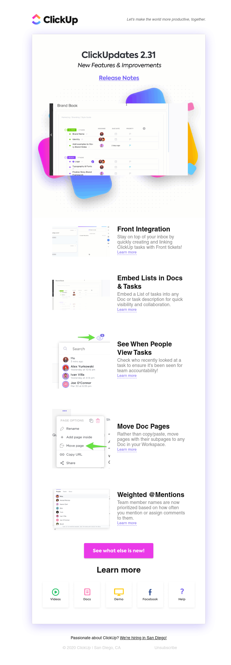 ClickUp - ClickUpdates 2.31 💐Integrate with Front, Embed Lists in Docs and Tasks, See When People View Tasks, and more! 