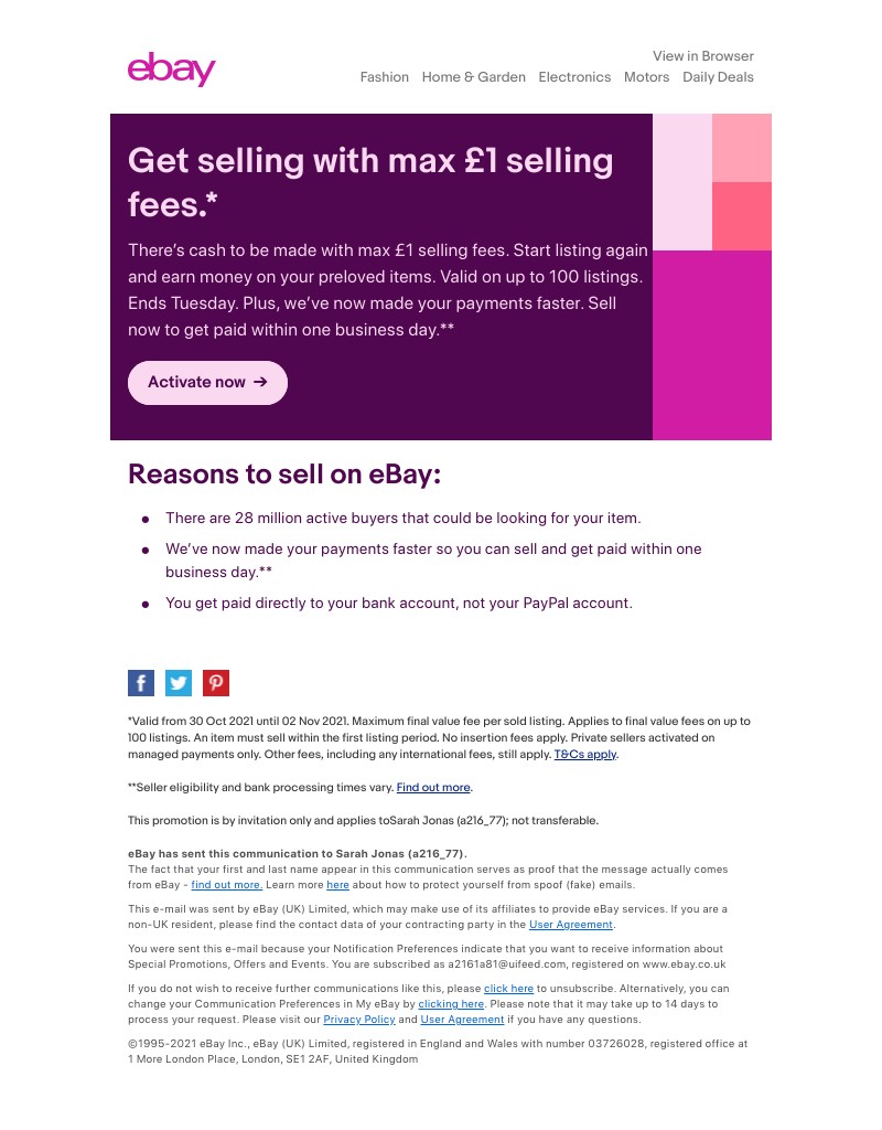 eBay - Sarah, get max £1 selling fees 🤑