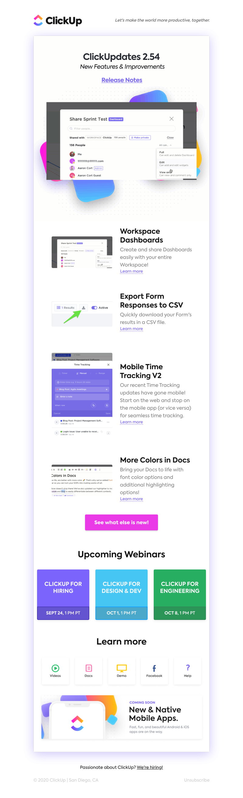 ClickUp - Workspace Dashboards 📄 Export Form Responses to CSV 📲 Mobile Time Tracking V2 🌈 More Colors in Docs ➕ More! 