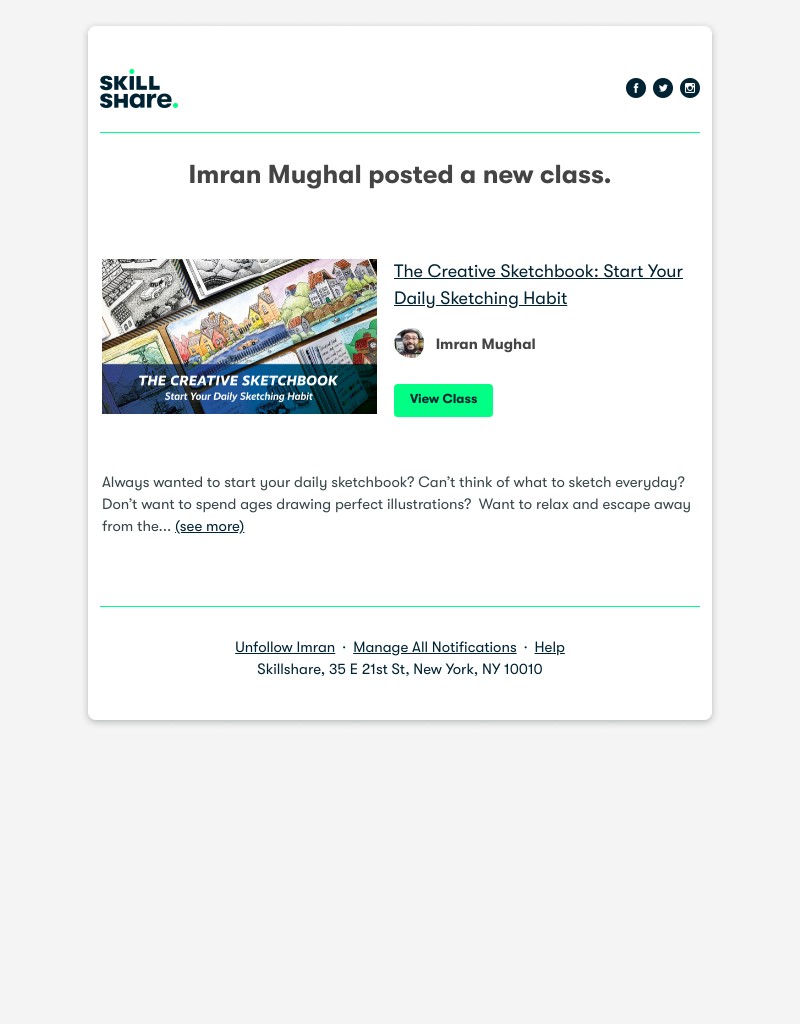 Skillshare - Imran Mughal posted a new class: "The Creative Sketchbook: Start Your Daily Sketching Habit"
