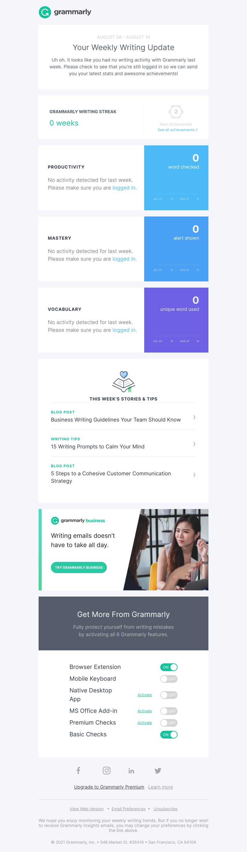 Grammarly - Did you take a break from writing last week?