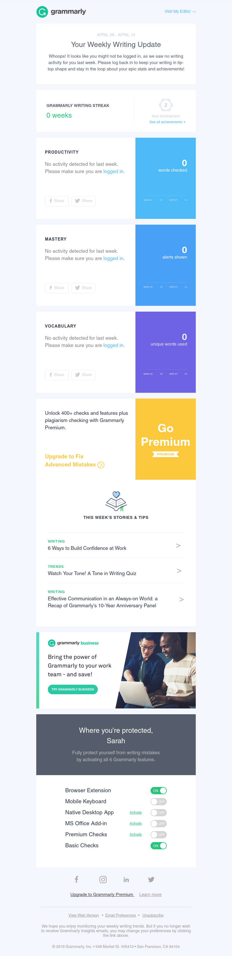 Grammarly - Looks like you didn't have any writing activity last week.