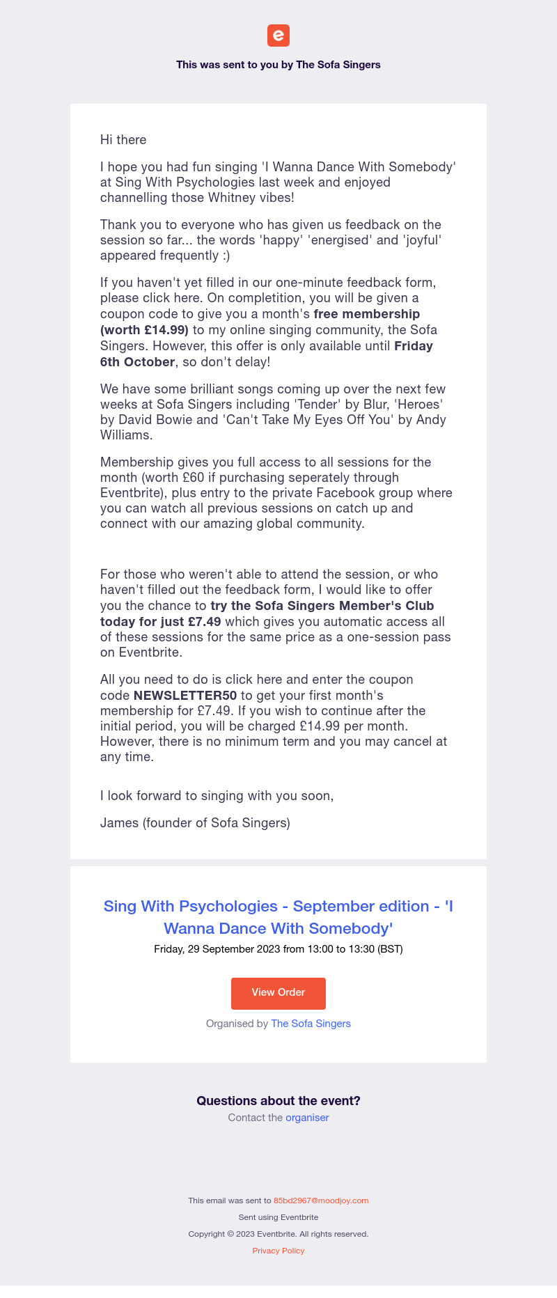 Eventbrite - Feedback from session + special offer for Sofa Singers membership :)