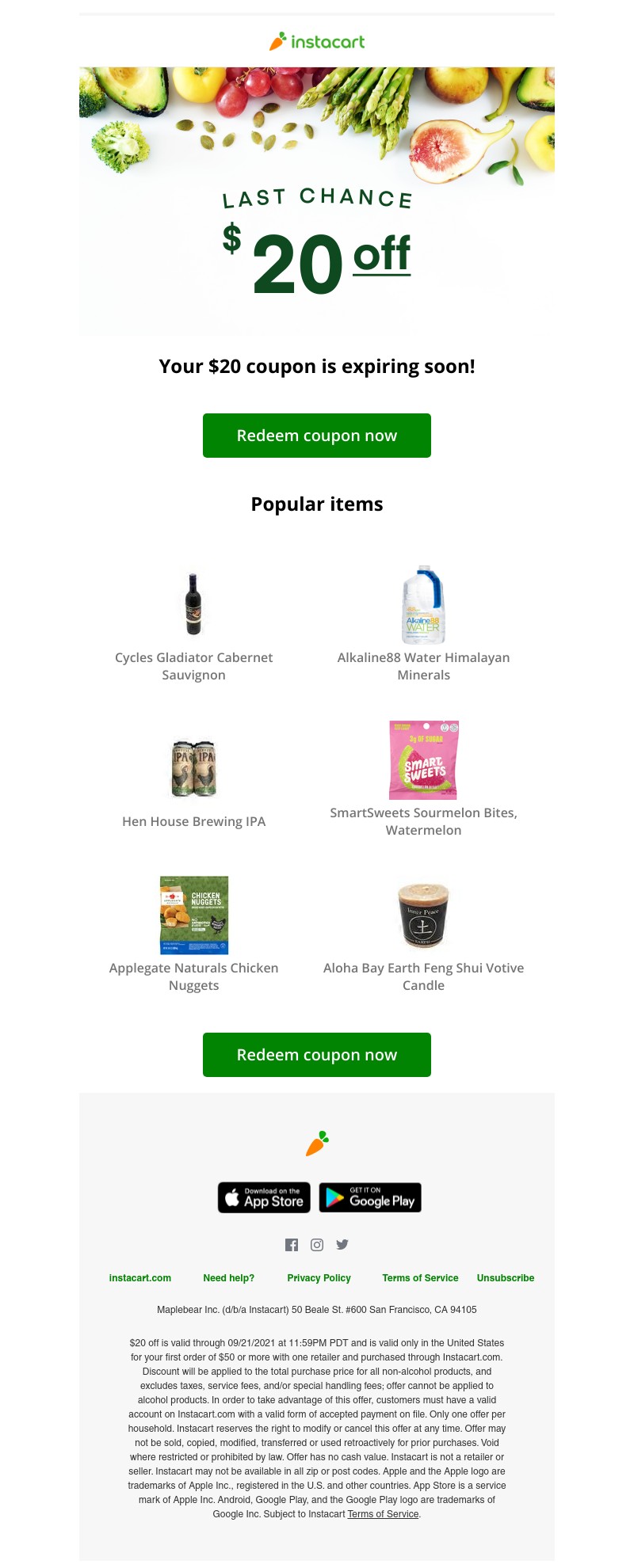 Instacart - 💵 Expiring soon! Claim your $20 coupon!