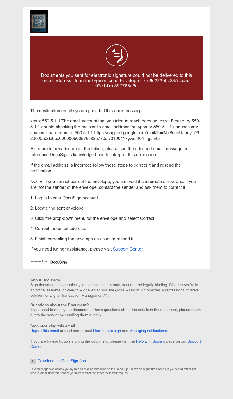  - Documents sent for signature could not be delivered