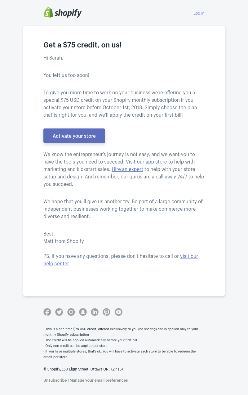 Shopify - Sarah, get your $75 Shopify credit now
