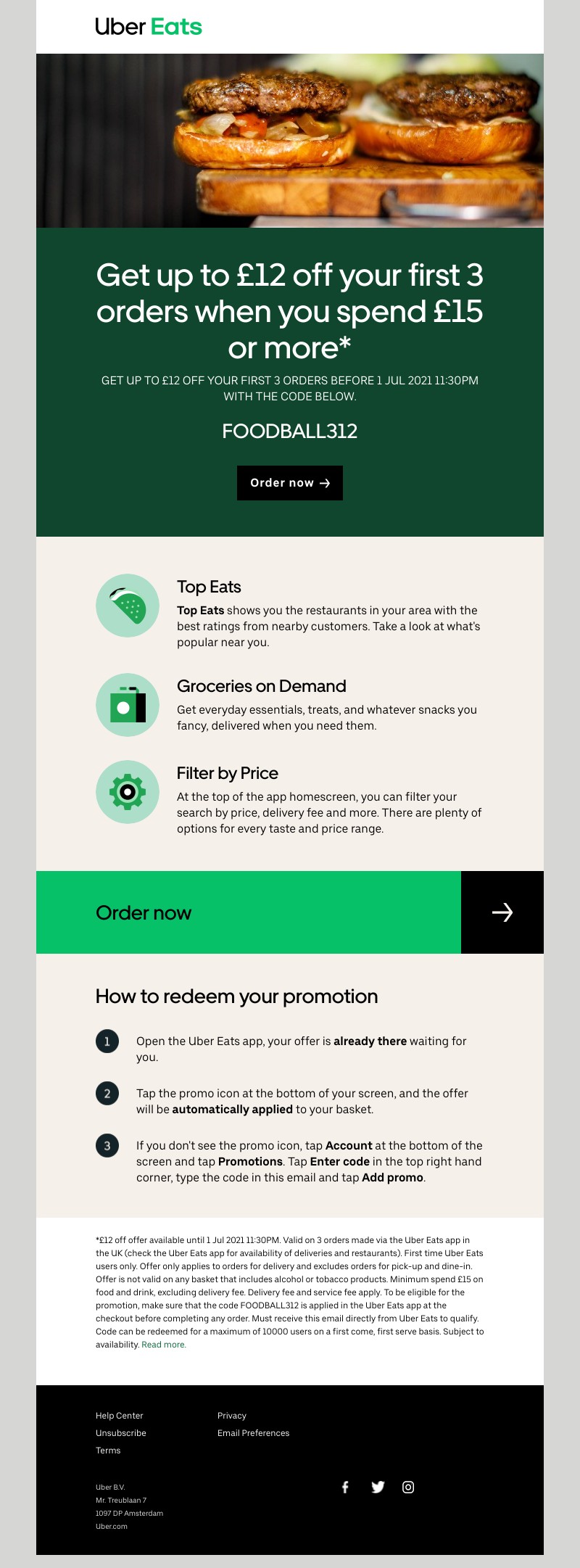 Uber Eats - Get  £12 off  your first 3 orders