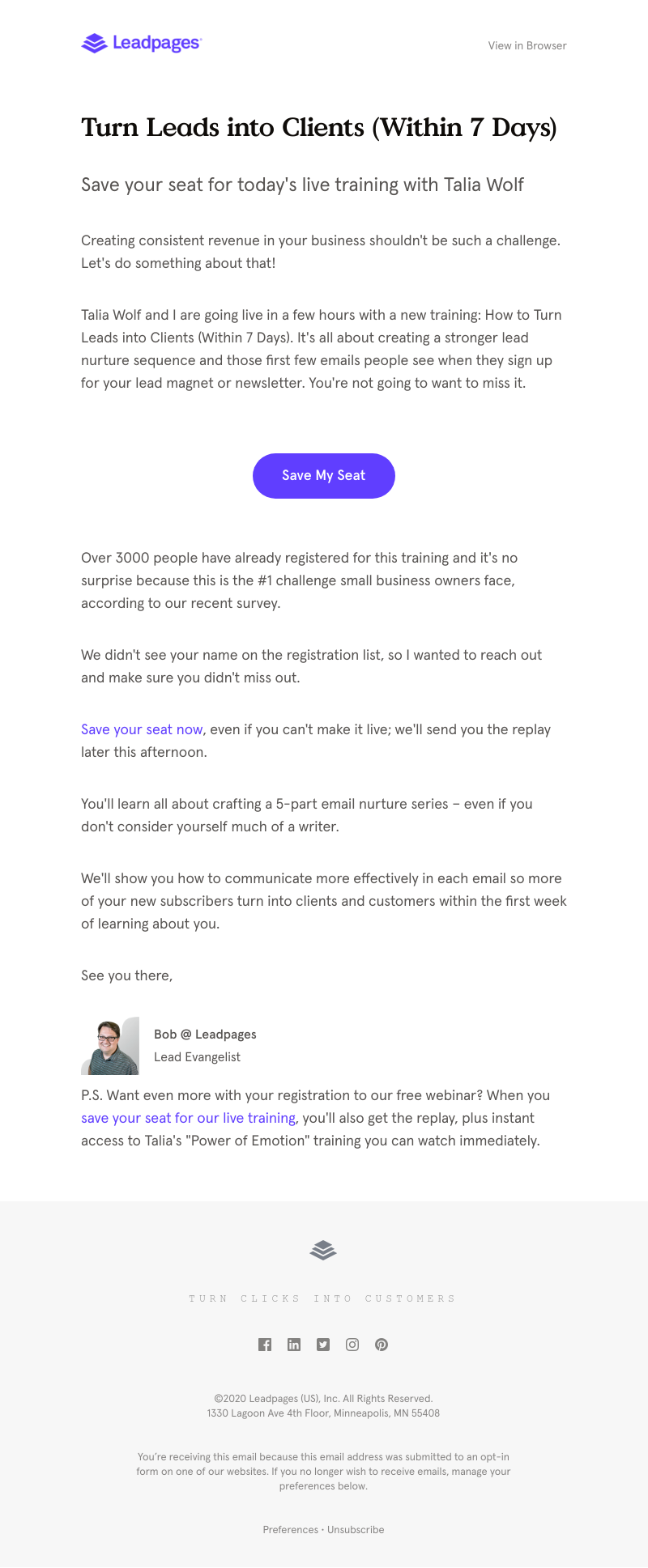 Leadpages - Live webinar today: Turn leads into clients (within 7 days)