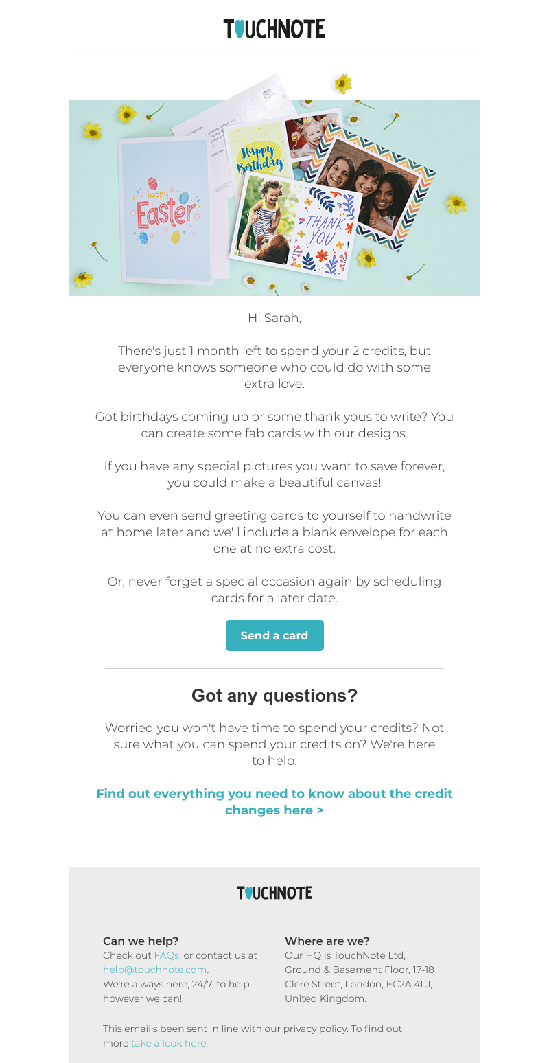 TouchNote - About your TouchNote credits