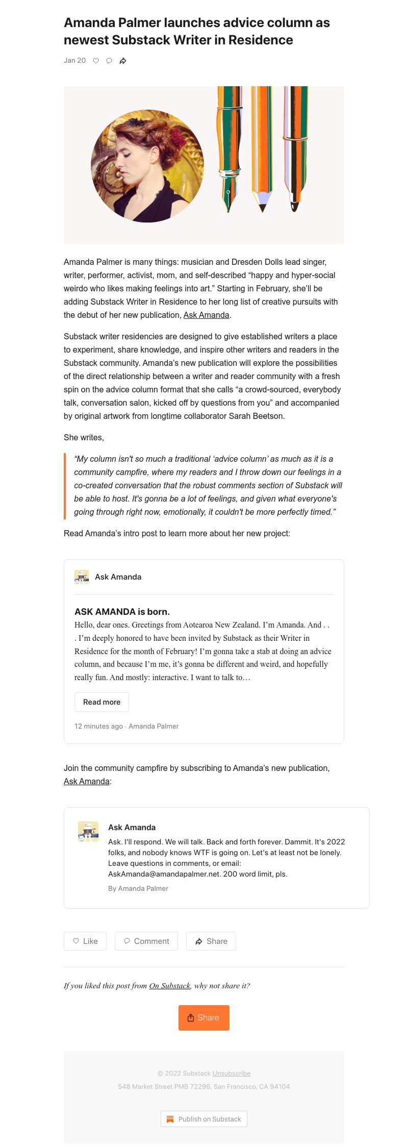 Substack - Amanda Palmer launches advice column as newest Substack Writer in Residence