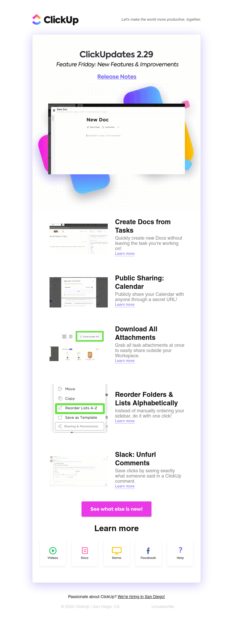ClickUp - ClickUpdates 2.29: Create Docs from Tasks, Share Calendars Publicly, Download All Attachments, and more!