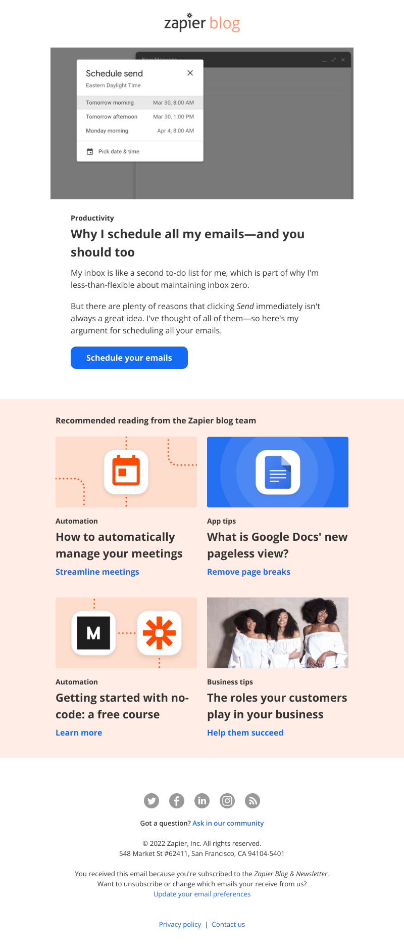 Zapier - Why I schedule all my emails