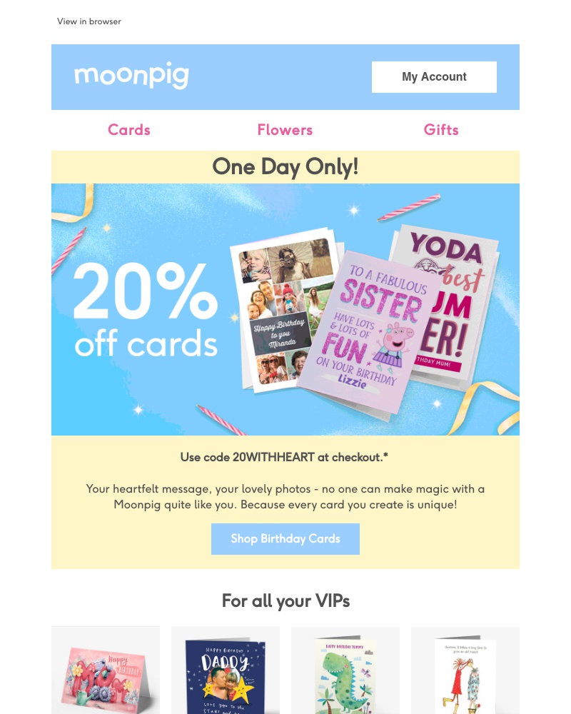Moonpig - 20% off cards for one day only!