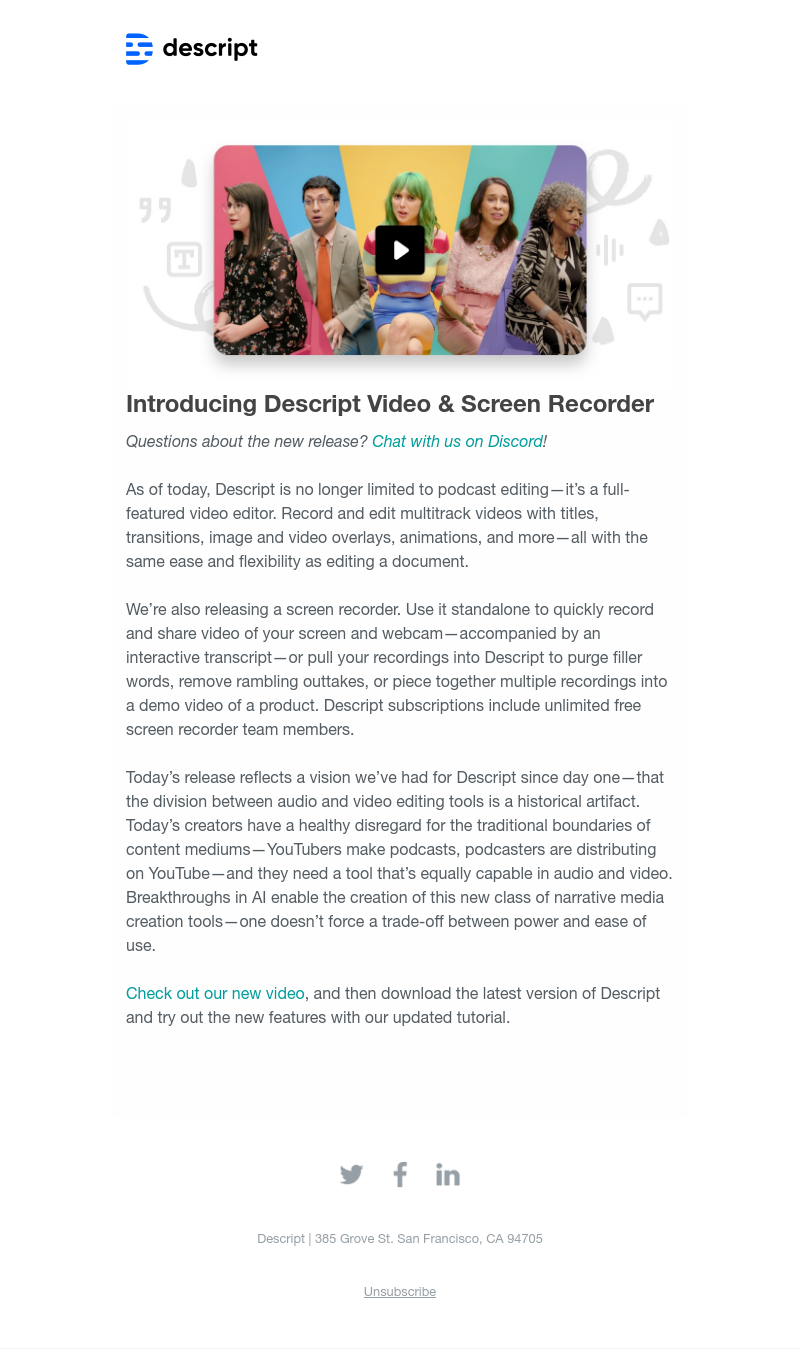 Descript - New: Full video editing & screen/webcam recording