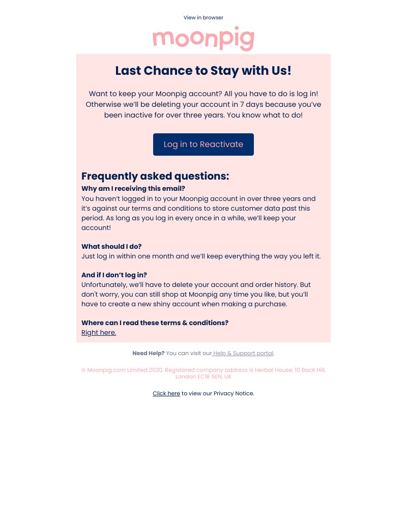 Moonpig - Final Notice: reactivate your account