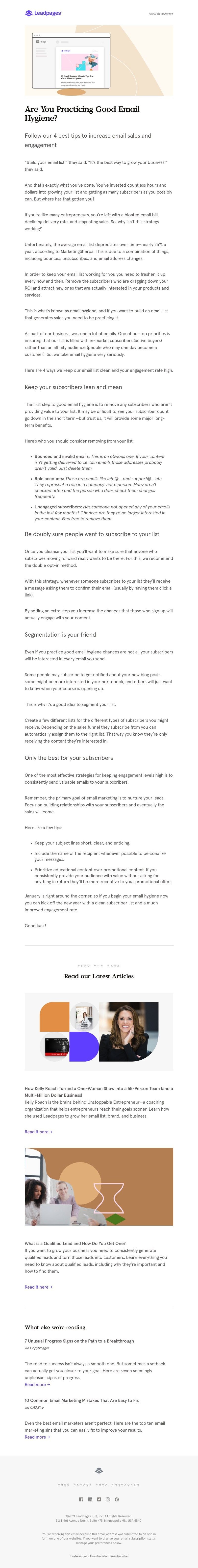 Leadpages - Want a better email ROI? Good email hygiene is the key