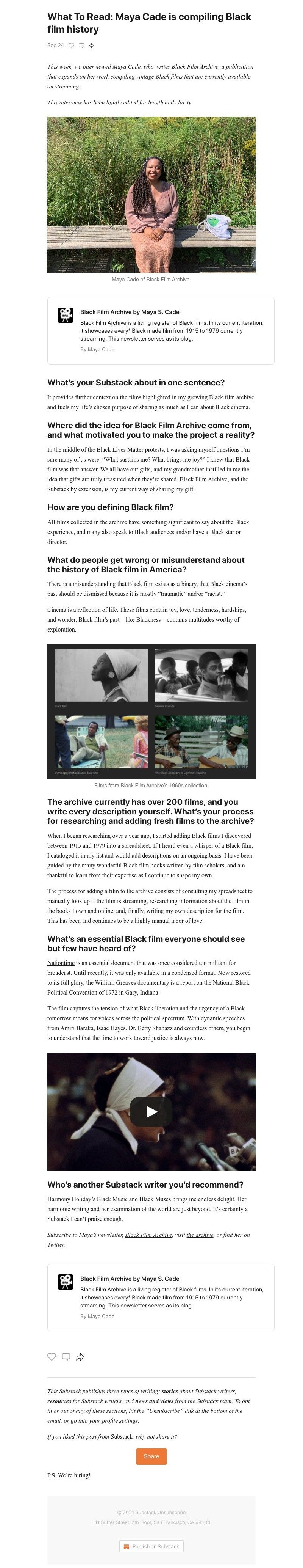 Substack - What To Read: Maya Cade is compiling Black film history