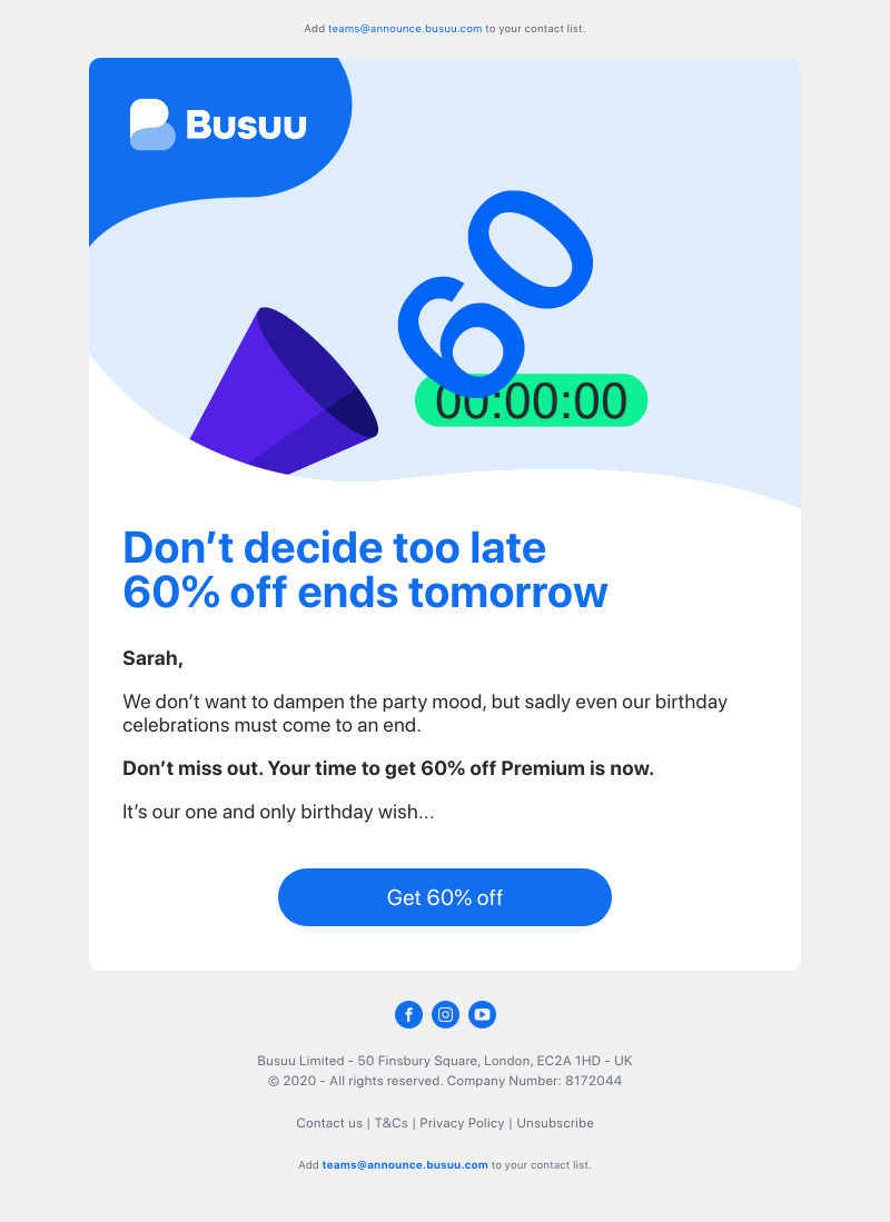 Busuu - Oh no! 😲 The 60% off party ends tomorrow – grab Premium before it’s gone     