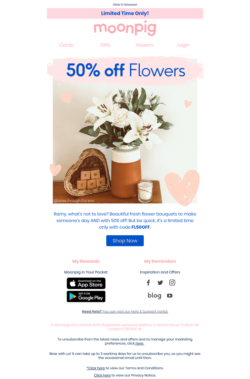 Moonpig - 50% off flowers = 🌺 FLOWAH POWAH 🌺