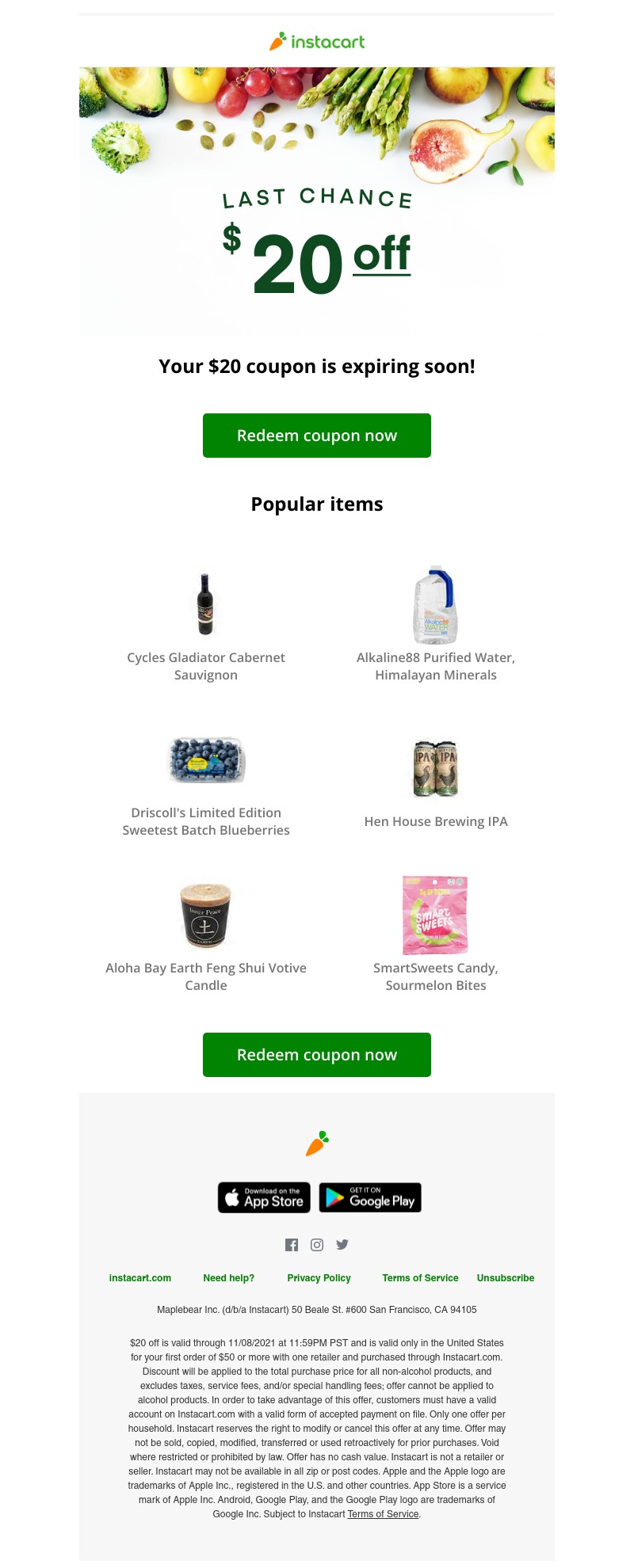 Instacart - 💵 Expiring soon! Claim your $20 coupon!