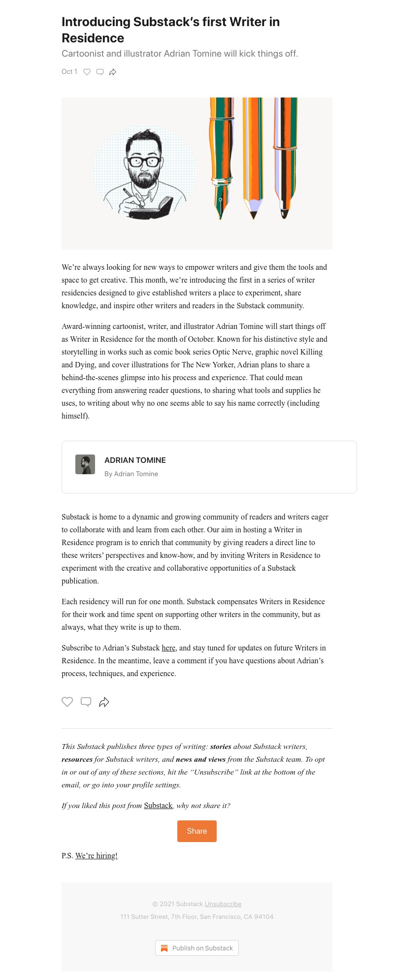 Substack - Introducing Substack’s first Writer in Residence