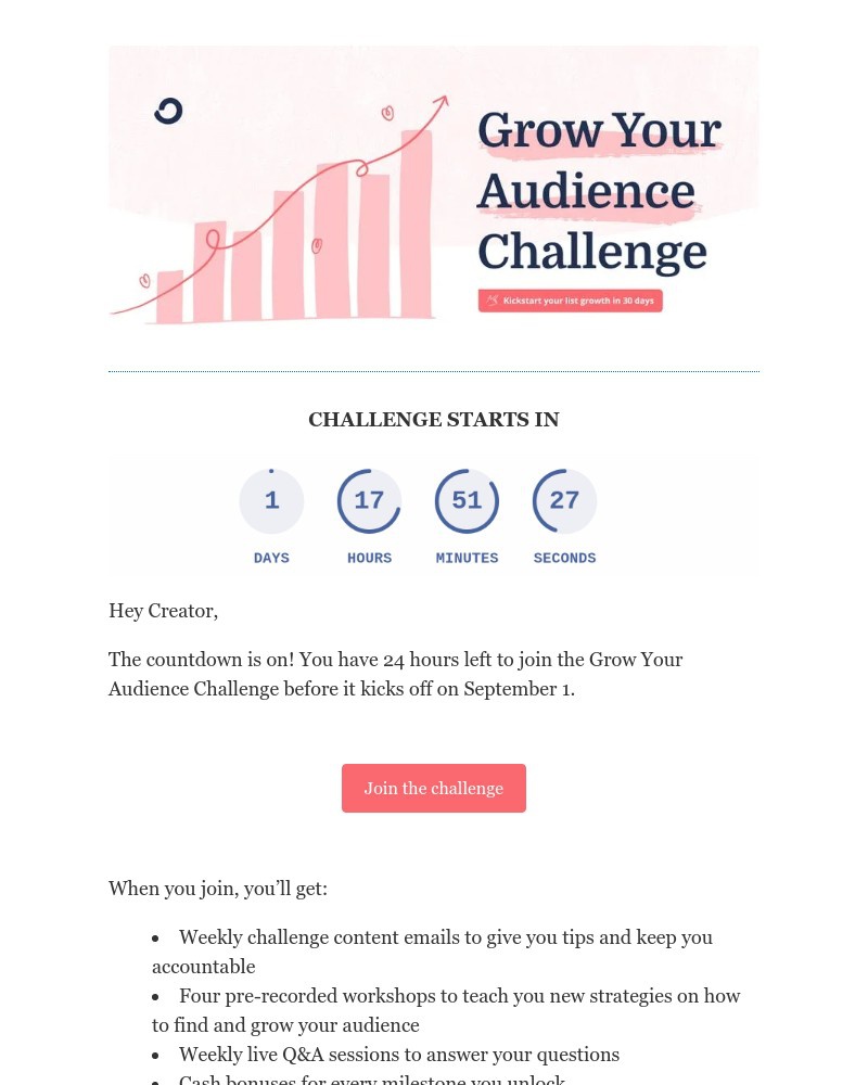 ConvertKit - 24 hours left until the Grow Your Audience Challenge starts