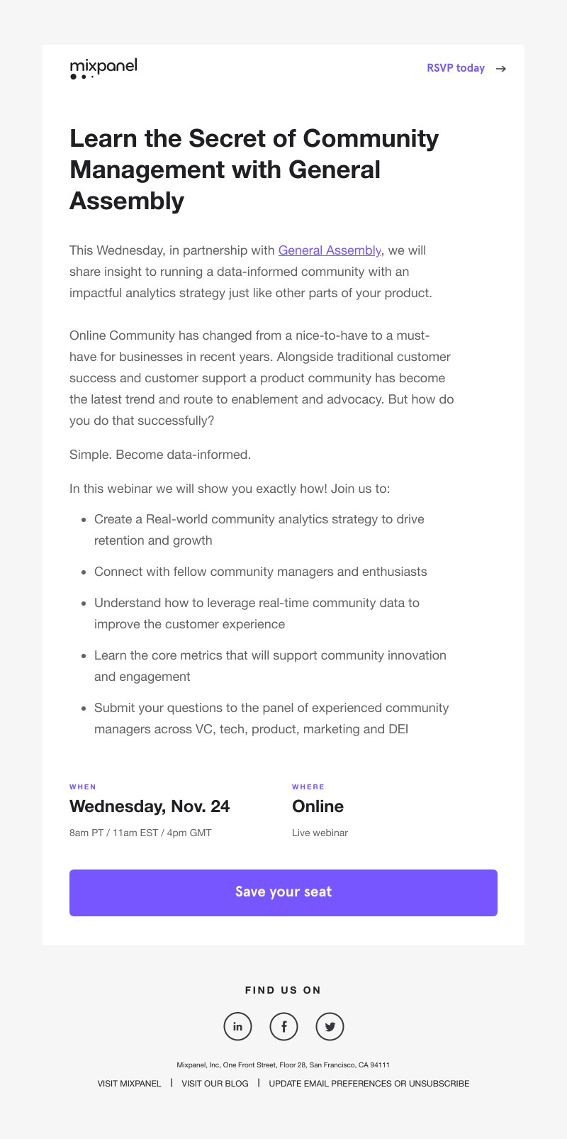 Mixpanel - You're invited! Learn the secret of community management – Nov 24
