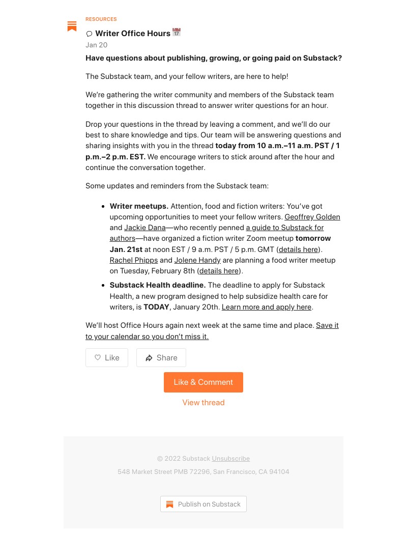 Substack - Writer Office Hours 📅