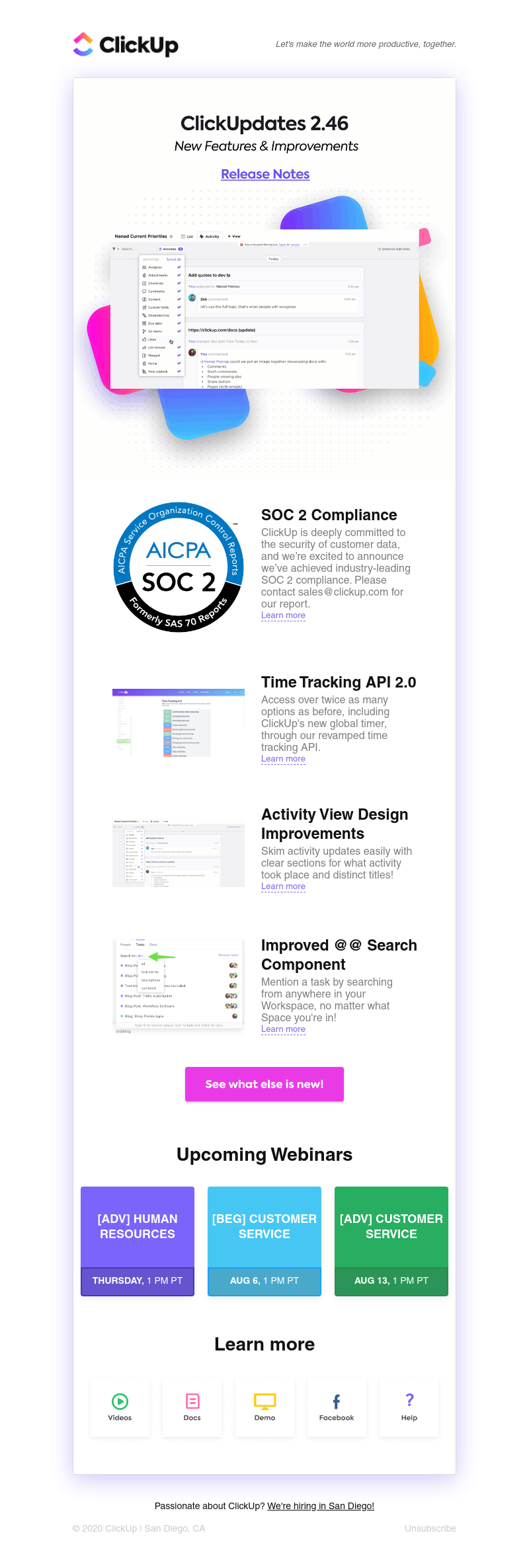 ClickUp - ClickUpdates 2.46 🔒 SOC 2 Compliance, Time Tracking API 2.0, Activity View Design Improvements, and more!