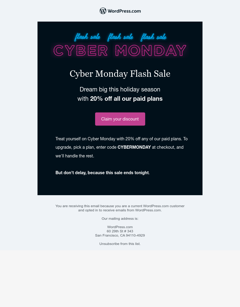 WordPress - Cyber Monday starts now and ends tonight.