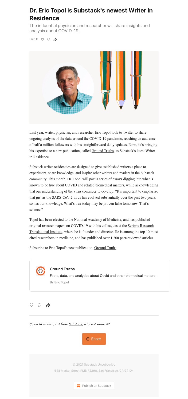 Substack - Dr. Eric Topol is Substack's newest Writer in Residence