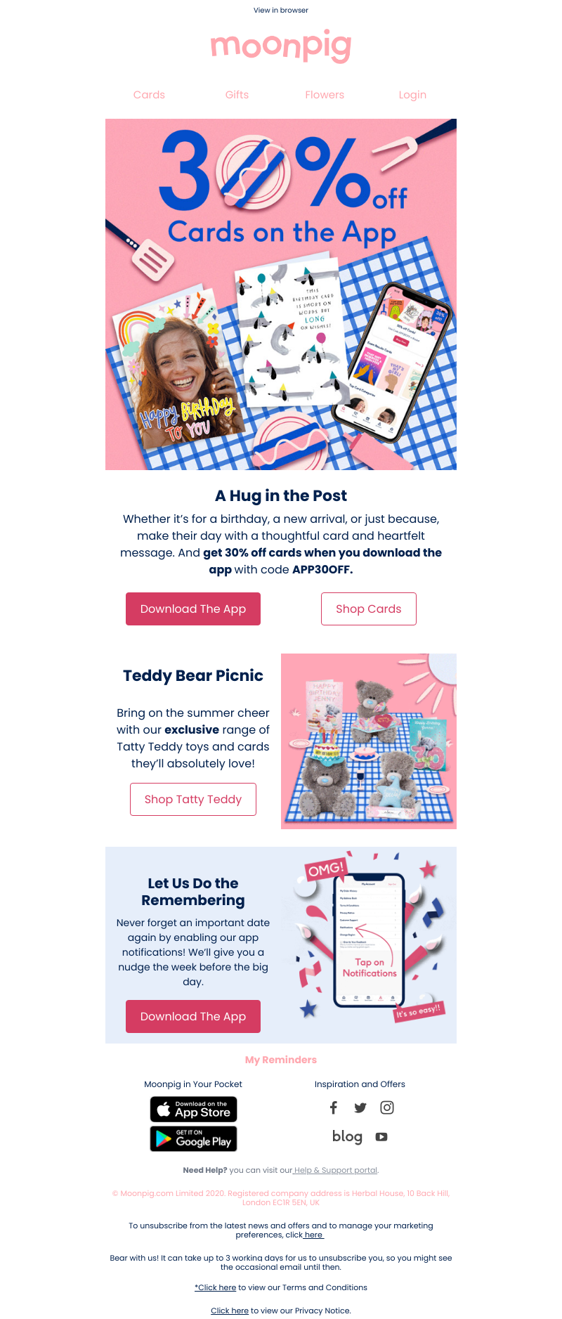 Moonpig - You + the app = 30% off cards!
