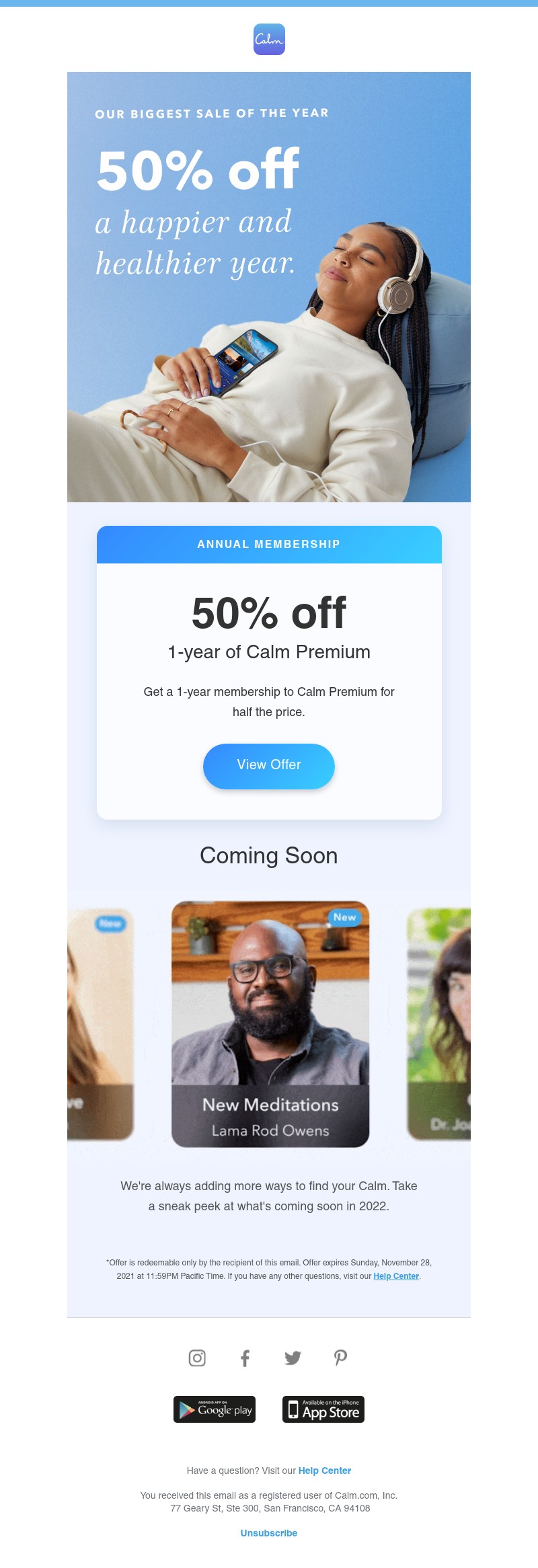 Calm - Sarah, it's finally here. Redeem yours today.
