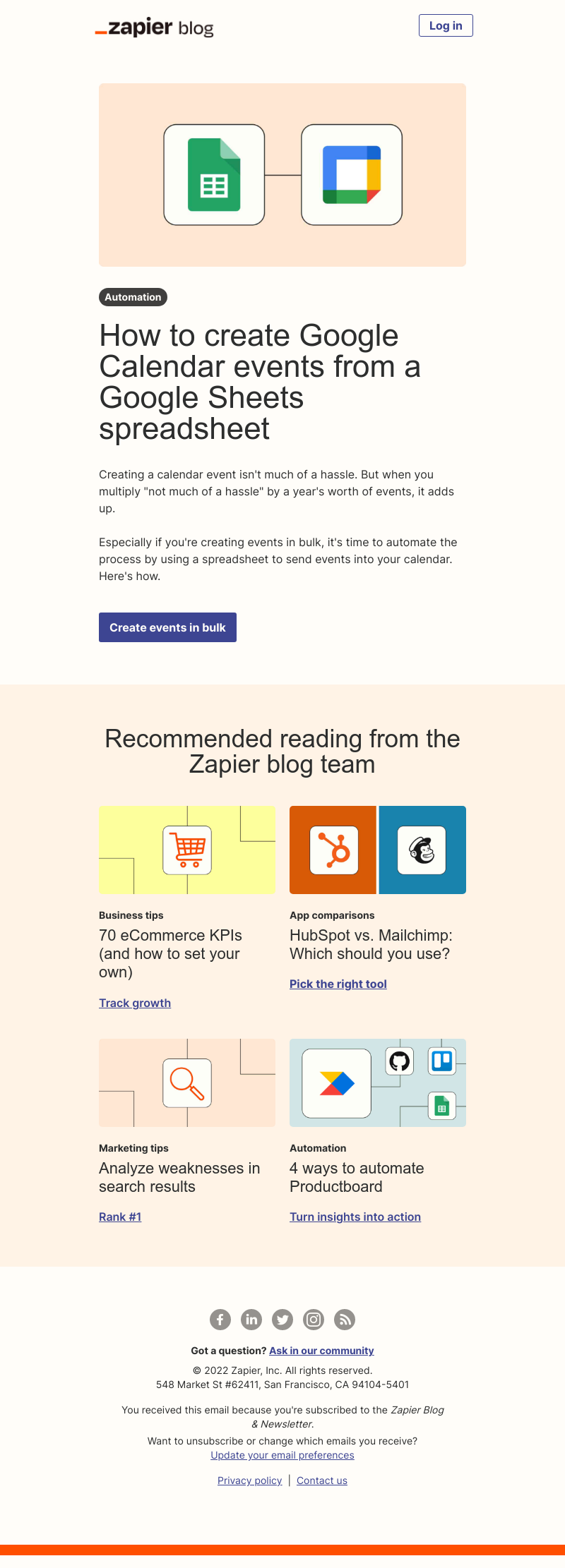 Zapier - Create calendar events from a spreadsheet