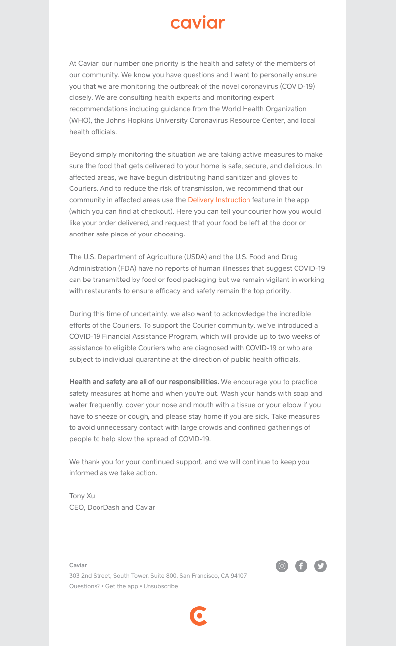  - Caviar community health and safety update