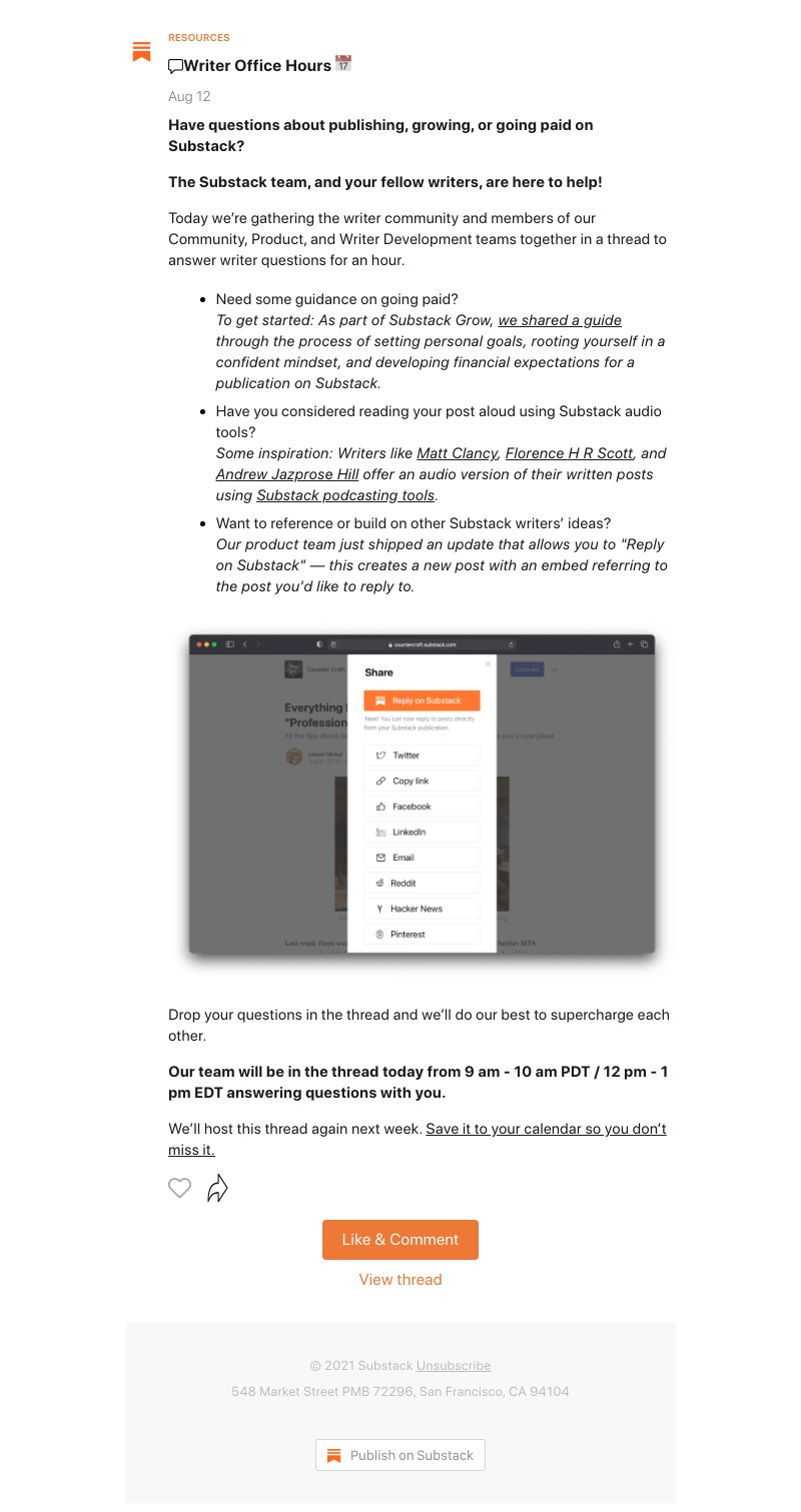 Substack - Writer Office Hours 📅