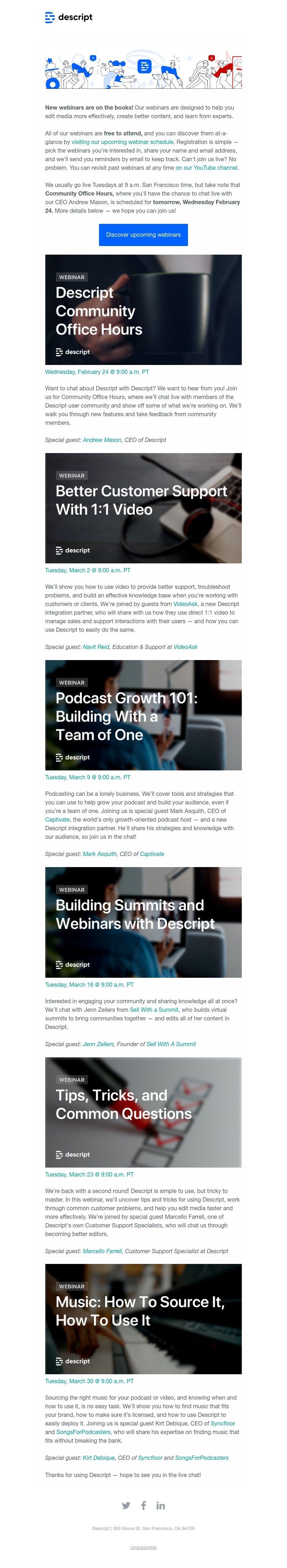 Descript - New webinars: Descript office hours, podcast growth, 1:1 video, virtual summits, music, and more