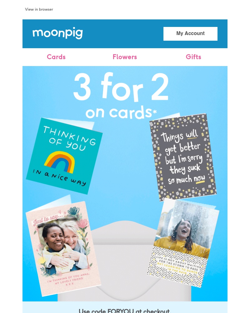Moonpig - 3 for 2 on cards