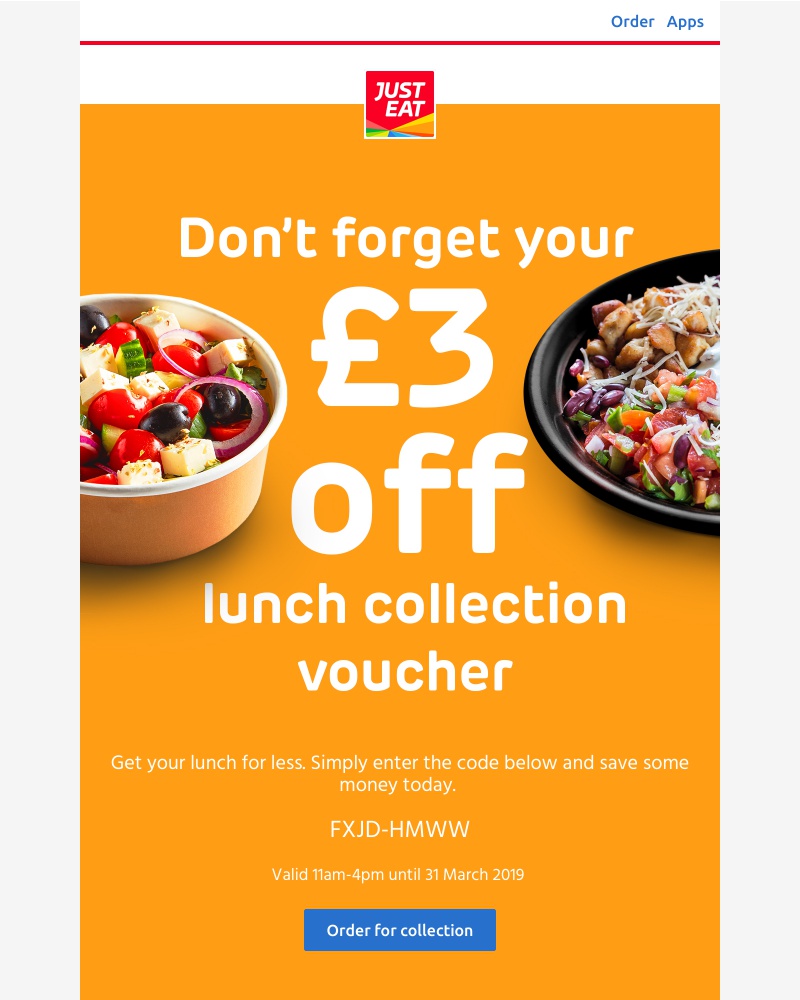 Just Eat - £3 off for your lunch today