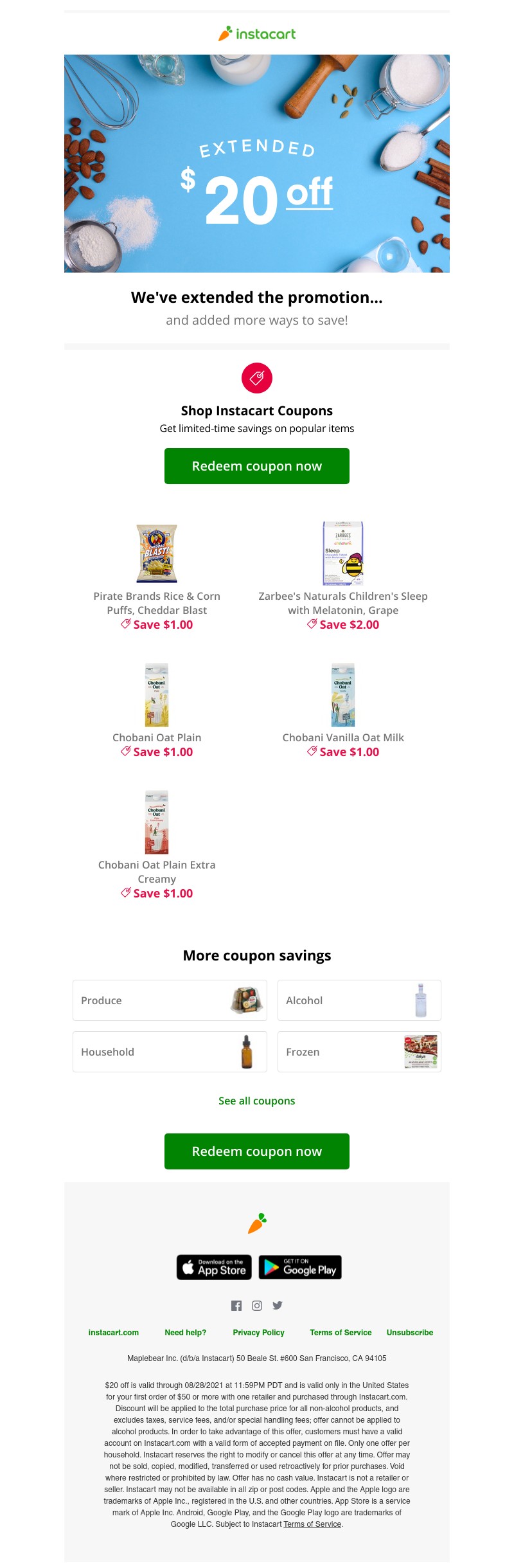 Instacart - 🎉 Extended for you: $20 off your first order