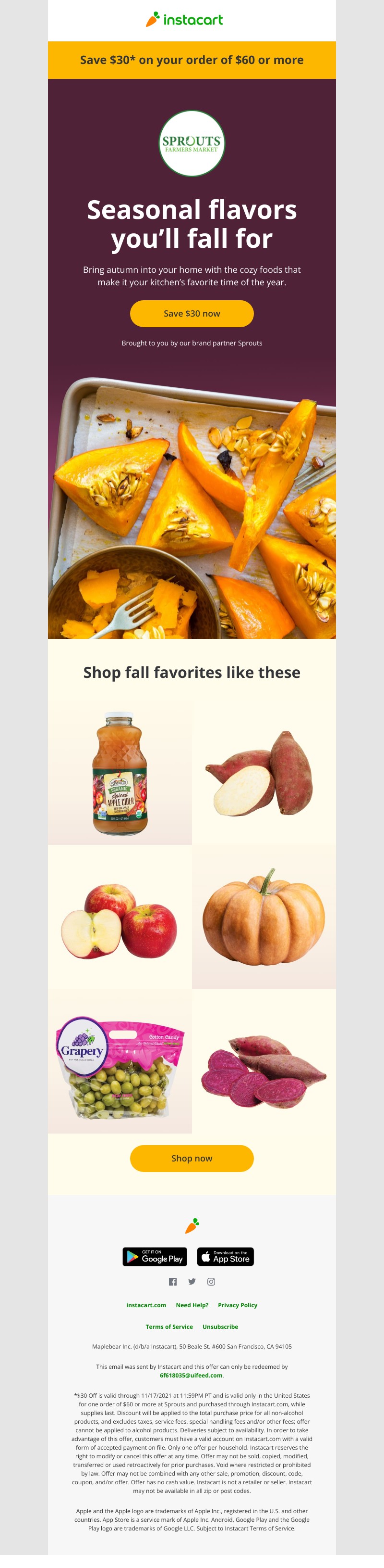 Instacart - Get ready for fall feasts with $30 off at Sprouts