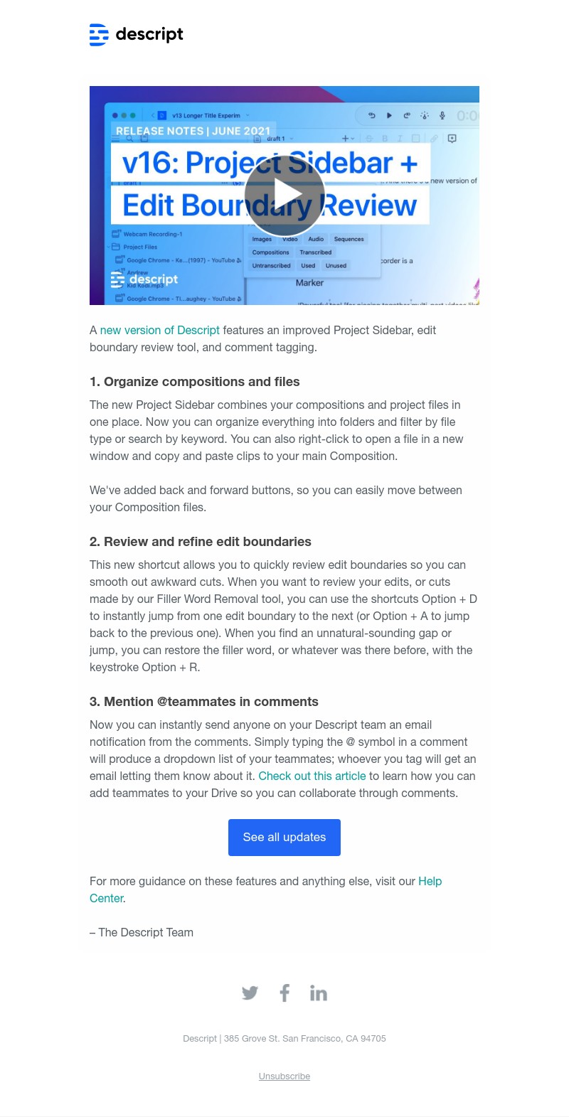 Descript - New in Descript: Project sidebar, edit-boundary review, comment tagging