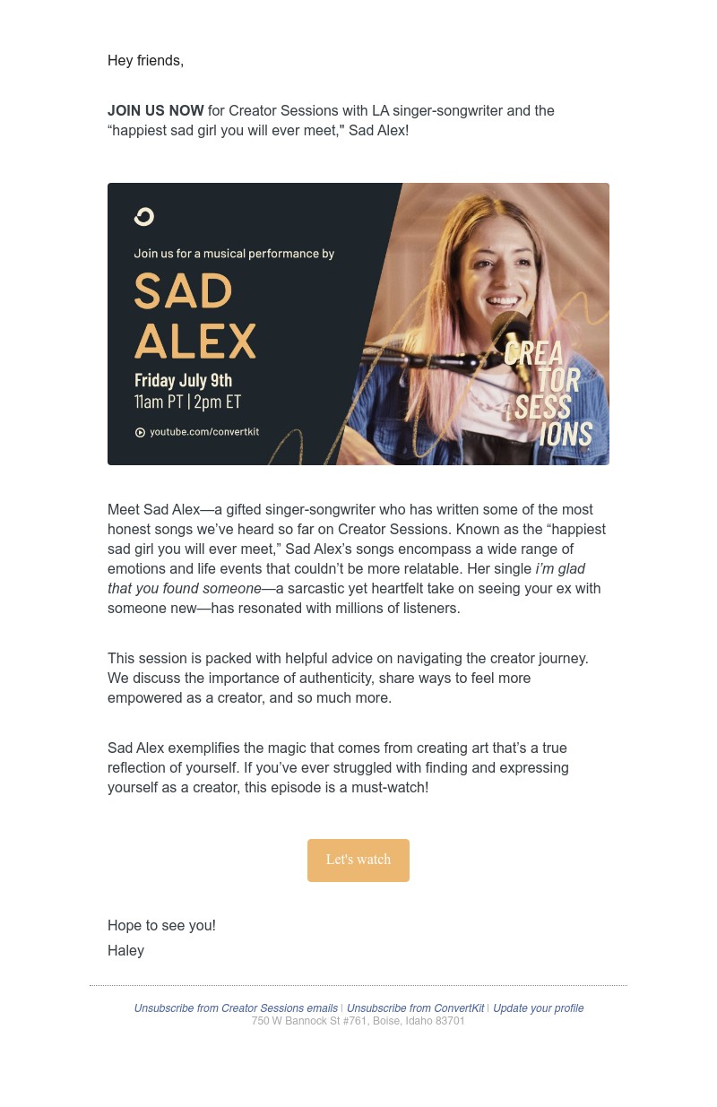 ConvertKit - 🎤 STARTING NOW: LA singer-songwriter, Sad Alex on Creator Sessions