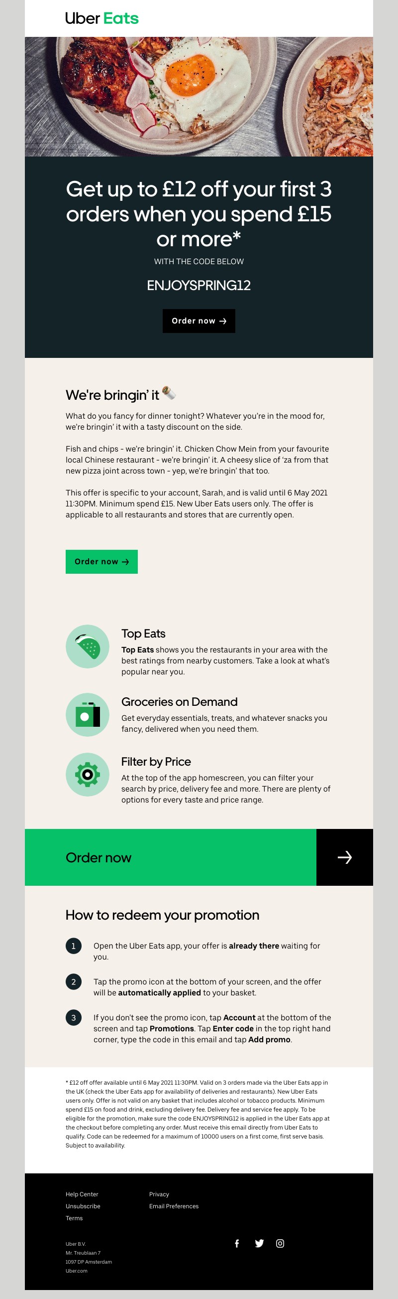 Uber Eats - Get  £12 off  your first 3 orders