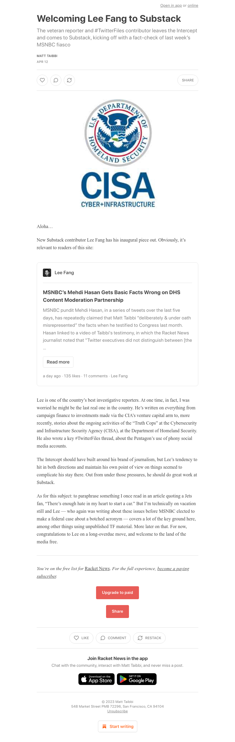 Substack - Welcoming Lee Fang to Substack