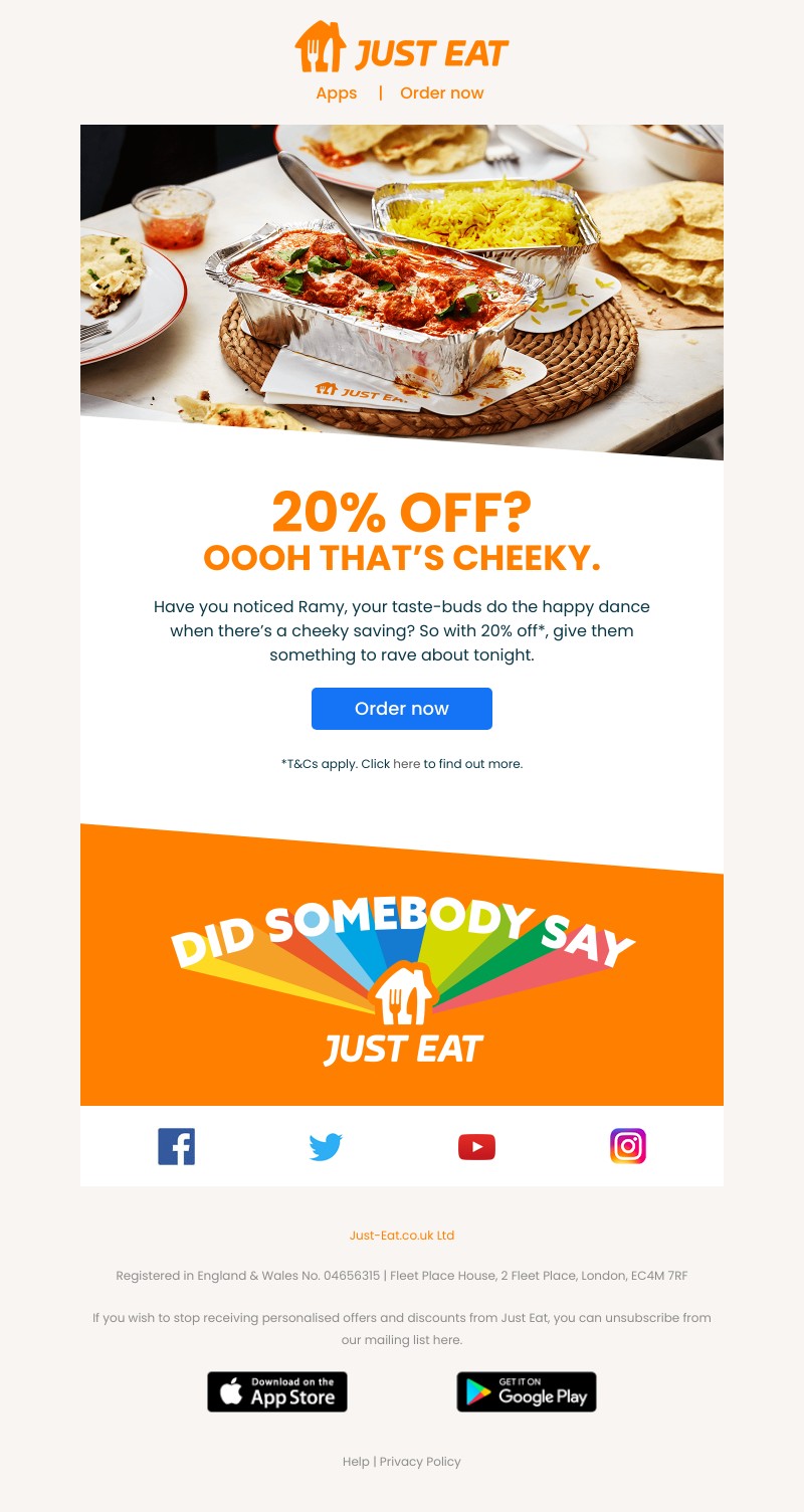 Just Eat - Ramy, reward yourself with 20% off this Cheeky Tuesday