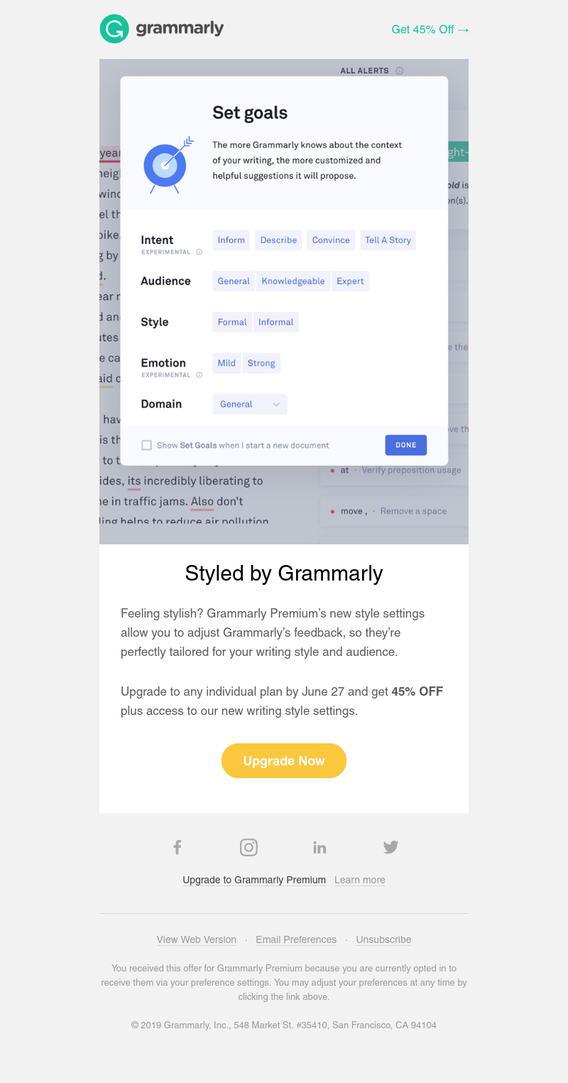 Grammarly - 45% Off Continues in Celebration of Customized Style Feedback