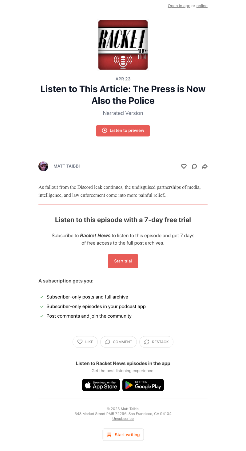 Substack - Listen to This Article: The Press is Now Also the Police